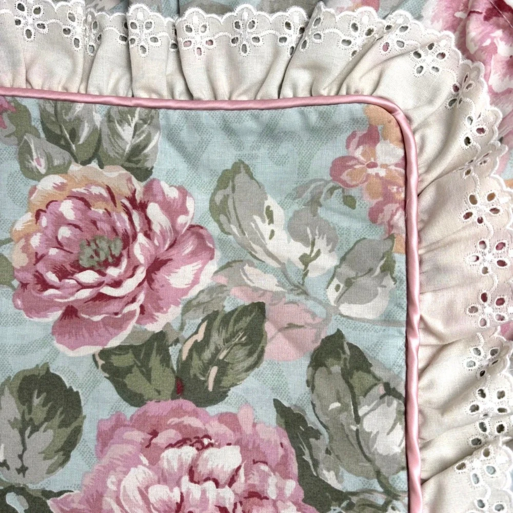 Glynda Turley Vintage Floral Pillow Sham Pink Rose Eyelet Lace Ruffle Set of 2